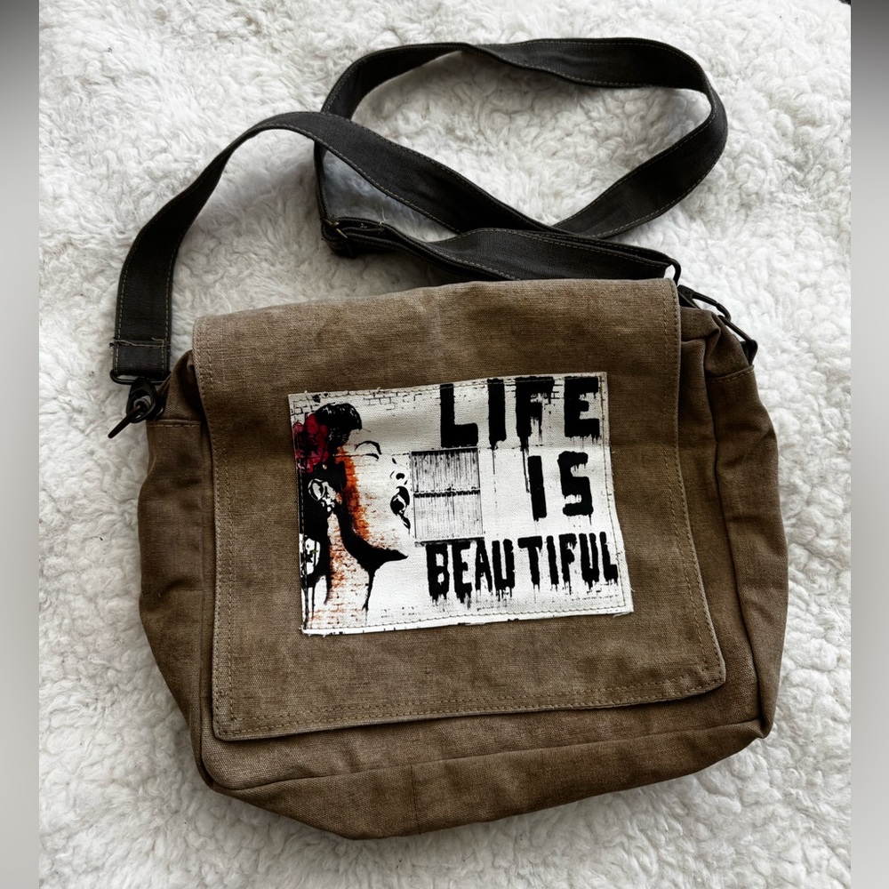 Vintage Brown Canvas Satchel with Artistic Design